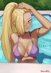  1girl arm_up artist_name bare_arms bikini blonde_hair blurry blurry_background breasts cleavage collarbone day green_eyes grin hair_over_one_eye hand_on_own_head highres large_breasts long_hair looking_at_viewer naruto_(series) naruto_shippuuden outdoors ponytail pool purple_bikini shinsaku_(stan-art) shiny_skin smile solo summer swimsuit upper_body very_long_hair yamanaka_ino 