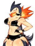  1girl black_choker black_hair black_shorts breasts choker fire furry furry_female hand_on_hip highres large_breasts micro_shorts navel pokemon pokemon_(creature) shorts simple_background solo standing thick_thighs thighs typhlosion usa37107692 white_background 