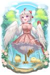  1girl absurdres ahoge artist_name bare_shoulders bird bird_legs bow commentary commission dress feathered_wings feathers flower forest hair_between_eyes hair_bow harpy highres holding holding_umbrella leaf leaf_on_head miyamo_(fumifumi_no_ura) monster_girl multicolored_hair nature open_mouth original outdoors pink_dress pink_flower puddle purple_eyes rainbow red_bow red_hair sleeveless sleeveless_dress splashing talons tori_(tama) tree two-tone_hair umbrella walking white_feathers white_hair white_wings winged_arms wings 