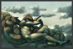  anthro bodily_fluids claws cloud covering covering_mouth crocodile crocodilian crocodylid daylon_(dislyte) dislyte fallen_angel_(painting) lying_on_ground male nude red_eyes reptile scalie solo spikes tattoo tears zinthings 