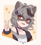  1girl animal_ears black_choker border choker cremanata ear_piercing earrings fang grey_hair grey_shirt highres indie_virtual_youtuber jewelry medium_hair open_mouth orange_eyes piercing portrait raccoon_ears raccoon_girl shirt simple_background snuffy_(vtuber) v virtual_youtuber white_border 