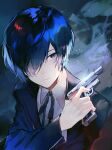  1boy black_ribbon blue_hair blue_jacket closed_mouth gekkoukan_high_school_uniform grey_eyes gun hair_over_one_eye handgun highres holding holding_gun holding_weapon jacket long_sleeves looking_at_viewer lor_(roasyerizyonirapi) male_focus neck_ribbon persona persona_3 ribbon school_uniform short_hair solo upper_body weapon yuuki_makoto 