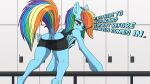 anus athletic athletic_female bent_over blue_body blue_feathers blue_fur coreboot dialogue dock english_text equid equine eyebrows feathered_wings feathers female friendship_is_magic fur gym_clothing hair hasbro hooves inner_ear_fluff locker mammal multicolored_hair multicolored_tail my_little_pony pegasus pink_eyes rainbow_dash_(mlp) rainbow_hair rainbow_tail raised_tail semi-anthro smile solo tail text tomboy tuft wings 