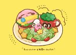  :o blue_eyes blush blush_stickers burger chef_hat commentary_request cup english_text food hat holding holding_food kirby kirby_(series) kirby_burger kirby_cafe lettuce maxim_tomato midoriko_(tuhd4735) mug no_humans notice_lines open_mouth plate salad simple_background star_(symbol) tomato tomato_slice translation_request white_headwear yellow_background 