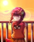  1girl braid brown_hair closed_eyes eri.moonlight25 highres light_rays long_hair long_sleeves madotsuki mountain purple_skirt skirt solo sun sunlight twin_braids yellow_sky yume_nikki 