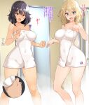  2girls andou_(girls_und_panzer) bangs bathroom bc_freedom_(emblem) black_hair blonde_hair blue_eyes blush breasts brown_eyes clenched_hand commentary_request covered_navel dark-skinned_female dark_skin emblem frown girls_und_panzer highres indoors inset large_breasts medium_hair messy_hair multiple_girls nakamura_yukitoshi naked_towel open_mouth oshida_(girls_und_panzer) standing towel translated wet 