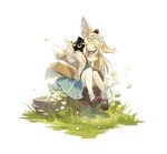  1girl absurdres animal animal_ear_fluff animal_ears arknights bag basket black_cat blue_hairband blue_skirt brown_footwear cat commentary_request crossover flower fox_ears fox_girl fox_tail frilled_hairband frills grass hairband head_tilt heixiu highres jacket kitsune long_sleeves luoxiaohei neck_ribbon on_head open_clothes open_jacket puffy_long_sleeves puffy_sleeves red_ribbon ribbon shirt shoe_soles shoes shoulder_bag simple_background sitting skirt socks suzuran_(arknights) suzuran_(spring_praise)_(arknights) tail the_legend_of_luo_xiaohei tree_stump wdm998 white_background white_flower white_jacket white_shirt white_socks 