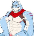  abs anthro blue_body blue_eyes blue_fur canid canine canis condom condom_in_mouth crave_saga flaccid fur genitals hakuma_(crave_saga) hi_res male mammal mostly_nude muscular muscular_anthro muscular_male nipples object_in_mouth pecs penis penis_base scar scarf sexual_barrier_device simple_background solo straps tiger_029 white_background wolf 