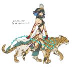  1girl animal asaya_minoru black_hair blood blood_on_hands blue_hair breasts covered_mouth english_text fate/grand_order fate_(series) feathers from_side hat high_heels leopard looking_at_viewer multicolored_hair sandals simple_background small_breasts solo streaked_hair tenochtitlan_(fate) twitter_username walking white_background white_feathers 