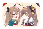  2022 2girls black_kimono blush bow brown_eyes brown_hair commentary_request flower girls&#039;_frontline green_kimono hair_between_eyes hair_bow hair_flower hair_ornament japanese_clothes kimono long_hair looking_at_another morisenn multiple_girls official_alternate_costume one_side_up open_mouth scar scar_across_eye sidelocks smile twintails ump45_(girls&#039;_frontline) ump45_(lonely_traveler_of_eternity)_(girls&#039;_frontline) ump9_(girls&#039;_frontline) ump9_(wayfarer_of_the_profound)_(girls&#039;_frontline) upper_body 
