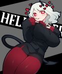  1girl black_jacket black_skirt blush breasts closed_mouth copyright_name demon_girl demon_horns demon_tail heart heart-shaped_pupils helltaker highres horns jacket large_breasts long_sleeves looking_at_viewer modeus_(helltaker) pantyhose pencil_skirt red_eyes red_pantyhose red_sweater ribbed_sweater sakana_no_ike short_hair simple_background skirt solo sweater symbol-shaped_pupils tail turtleneck turtleneck_sweater white_hair 