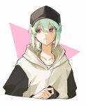  1boy androgynous bangs black_headwear closed_mouth earphones green_hair hair_between_eyes hat holding hood hood_down hoodie korean_commentary lio_fotia long_sleeves low_ponytail male_focus otoko_no_ko ponytail prmattotia promare purple_eyes short_ponytail simple_background solo two-tone_background upper_body 