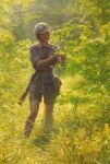  1girl brown_hair closed_eyes floral_background grass gun hat leaf military military_hat military_uniform nature non-web_source oil_painting_(medium) original painting_(medium) realistic short_hair shorts traditional_media tree uniform weapon zhang_da_zhong 