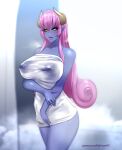  2023 absurd_res big_breasts black_sclera blue_body blue_skin breasts demon female hair hi_res horn humanoid humanoid_pointy_ears nofuture not_furry pink_hair solo towel yellow_eyes 