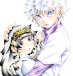  1boy 1girl alluka_zoldyck black_hair brother_and_sister hug hunter_x_hunter killua_zoldyck layered_sleeves long_hair long_sleeves shirt short_hair short_over_long_sleeves short_sleeves siblings simple_background upper_body white_background white_hair white_shirt yasuaki 