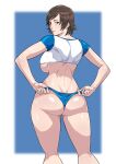  1girl absurdres adjusting_clothes ass back blue_background blue_panties blue_shirt border breasts brown_eyes brown_hair cirenk commission crop_top highres kazama_asuka kneepits large_breasts looking_back no_bra panties raglan_sleeves revision shirt short_hair sideboob solo tekken thighs two-tone_shirt underboob underwear white_border white_shirt 