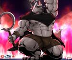  abs anthro barazoku biceps big_muscles bulge canid canine canis clothing death_(puss_in_boots) digital_media_(artwork) dreamworks fire fur grey_body grey_fur hi_res looking_at_viewer male mammal masterelrest muscular muscular_anthro muscular_male nipples pecs poncho puss_in_boots_(film) puss_in_boots_the_last_wish red_eyes sickle smile solo vein weapon wolf 