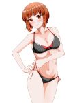  1girl bangs black_bra black_panties blush bow bow_panties bra breasts brown_eyes brown_hair cleavage closed_mouth commentary cowboy_shot girls_und_panzer gomi_ningen_(81848656) groin highres light_frown looking_at_viewer medium_breasts navel nishizumi_miho panties short_hair side-tie_panties simple_background solo standing tying underwear underwear_only untied untied_panties white_background 