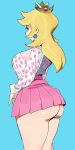  1girl absurdres aqua_background ass blonde_hair cowboy_shot crown earrings highres jewelry long_hair long_sleeves mario_(series) microskirt pink_skirt pleated_skirt polka_dot polka_dot_shirt princess_peach shirt shirt_tucked_in simple_background skirt solo whoopsatro 