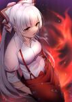  1girl absurdres bad_anatomy bad_arm bow cigarette collared_shirt fire flame from_above fujiwara_no_mokou hair_bow hands_in_pockets highres keenii_(kenny86) long_hair midriff_peek pants partially_unbuttoned red_eyes red_pants shirt sleeve_garter smoking solo suspenders torn_clothes torn_sleeves touhou white_bow white_hair white_shirt 