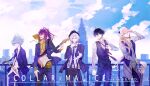  5boys absurdres aqua_hair balcony band bishounen black_hair blonde_hair blue_sky cityscape collar_x_malice enomoto_mineo flute green_eyes grey_hair guitar haru-shun highres holding holding_instrument holding_microphone_stand instrument long_hair looking_at_viewer male_focus microphone microphone_stand multicolored_hair multiple_boys okazaki_kei ponytail purple_eyes red_eyes red_hair sasazuka_takeru shiraishi_kageyuki short_hair sky white_hair yanagi_aiji yellow_eyes 