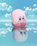  :o aruco_co blue_eyes blue_sky blush blush_stickers closed_mouth cloud commentary_request day full_body highres kirby kirby_(series) looking_down no_humans outdoors reflection reflective_water sky solo standing standing_on_liquid water 