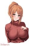  1girl aquila_(kancolle) bangs blush breasts closed_mouth cropped_torso ebifurya hair_ornament hairclip hand_on_own_chest hand_up high_ponytail highres kantai_collection large_breasts long_sleeves looking_at_viewer one-hour_drawing_challenge orange_hair parted_bangs red_sweater ribbed_sweater simple_background smile solo sweater turtleneck turtleneck_sweater twitter_username upper_body white_background 