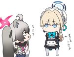  2girls ahoge animal_ear_fluff animal_ears apron arrow_(symbol) bangs black_dress black_scarf blue_archive blue_bow blue_eyes blue_skirt bow bridal_gauntlets bun_cover chibi dress food grey_hair hair_between_eyes hair_bun halo holding holding_food holding_spoon ice_cream ice_cream_cone juliet_sleeves light_brown_hair long_hair long_sleeves maid maid_apron maid_headdress michiru_(blue_archive) multiple_girls nyaru_(nyaru_4126) pleated_skirt profile puffy_sleeves scarf shirt short_eyebrows simple_background skirt soft_serve spoon thick_eyebrows toki_(blue_archive) translation_request twintails very_long_hair white_apron white_background white_shirt 