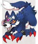  bandai_namco blue_body blue_fur canid canine canis claws digimon digimon_(species) feral fur loogamon male mammal quadruped red_eyes ryoukishi sharp_teeth simple_background solo teeth white_background wolf 