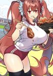  1girl black_thighhighs blush breasts brown_hair buruma chopsticks collarbone daiwa_scarlet_(umamusume) eating fang food hair_intakes highres horse_girl horse_racing_track horse_tail large_breasts long_hair looking_at_viewer meat parted_lips red_buruma red_eyes shirt short_sleeves skindentation tail teeth thick_thighs thighhighs thighs tiara twintails umamusume upper_body very_long_hair wahiko_(black_bastard) white_shirt 