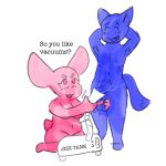  ambiguous_species anthro ball_suck blue_body dialogue dominant dominant_female duo female male male/female noiarobo oral penile penis_milking pink_body sex slightly_chubby submissive submissive_male sucking thick_thighs thyme_(noiarobo) vacuum 
