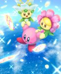  :d arms_up aruco_co blue_eyes blue_sky blush blush_stickers brown_eyes carrying closed_mouth cloud commentary_request day falling_petals flying full_body highres jewelry kirby kirby:_triple_deluxe kirby_(series) necklace ocean open_mouth outdoors people_of_the_sky petals sky smile sparkle water 