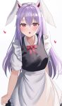 1girl absurdres alternate_costume animal_ears aohane apron black_dress bow dress enmaided frills hair_between_eyes heart highres long_hair maid maid_apron maid_headdress open_mouth purple_hair rabbit_ears red_bow red_eyes reisen_udongein_inaba short_sleeves solo touhou white_apron white_background 