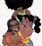  3girls absurdres afro black_hair blue_pants blue_shorts breasts breasts_apart brown_eyes cleavage cowboy_shot dark-skinned_female dark_skin food freckles gigi_(whoopsatro) green_eyes hair_over_eyes highres holding_another&#039;s_hair large_breasts long_hair multiple_girls open_mouth original pants popsicle red_shirt shell_(whoopsatro) shirt shorts sleeveless tank_top tied_shirt viv_(whoopsatro) white_background whoopsatro yellow_tank_top 