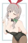  1girl absurdres animal_ears bow breasts closed_mouth crust_gm0 grey_hair hair_bow heart highres koisuru_asteroid large_breasts mole mole_on_breast mole_under_eye morino_mari one_eye_closed pantyhose playboy_bunny rabbit_ears solo v 