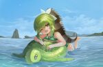  1girl animal bangs bare_arms bare_shoulders barefoot bikini blue_sky breast_rest breasts brown_eyes cloud commentary_request day dokomon green_bikini green_hair hair_between_eyes hair_ribbon highres korean_commentary looking_at_viewer medium_breasts one_eye_closed open_mouth original outdoors ribbon sky solo swimsuit turtle water white_ribbon 