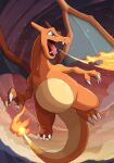  blue_eyes breathing_fire charizard cloud commentary_request embers fangs fire flame flame-tipped_tail full_body gradient_eyes highres momota_pix mountain multicolored_eyes no_humans open_mouth outdoors pokemon pokemon_(creature) red_sky sharp_teeth sky smoke teeth tongue v-shaped_eyebrows 