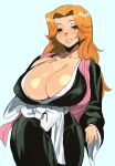  1girl absurdres black_robe bleach breasts cleavage cowboy_shot english_commentary grey_eyes hand_on_own_chest highres japanese_clothes large_breasts matsumoto_rangiku mole mole_under_mouth orange_hair parted_lips robe simple_background smile solo white_background whoopsatro 