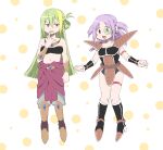  2girls :d alina_gray alternate_costume armlet armor bare_shoulders black_footwear blush boots broly_(dragon_ball_z) broly_(dragon_ball_z)_(cosplay) cosplay dragon_ball dragon_ball_z full_body green_eyes green_hair highres jewelry ketsuwotatakuna long_hair looking_at_another magia_record:_mahou_shoujo_madoka_magica_gaiden mahou_shoujo_madoka_magica misono_karin multiple_girls navel necklace open_mouth pants purple_eyes purple_hair raditz raditz_(cosplay) red_pants saiyan_armor shoulder_armor smile standing thigh_strap 