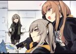  3girls black_dress brown_eyes brown_hair coffee_mug commentary_request cup dress fingerless_gloves girls&#039;_frontline gloves grey_hair hair_between_eyes indoors jacket long_hair magazine_(object) mug multiple_girls one_side_up open_mouth pantyhose pointing smile tsuki_tokage ump40_(girls&#039;_frontline) ump45_(girls&#039;_frontline) ump9_(girls&#039;_frontline) 