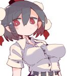  1girl bangs black_hair blush breasts buttons closed_mouth collared_shirt hair_between_eyes hat large_breasts massakasama pointy_ears pom_pom_(clothes) red_eyes red_headwear shameimaru_aya shirt short_hair short_sleeves simple_background solo tokin_hat touhou upper_body white_background white_shirt 