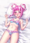  1girl :d bangs bed blunt_bangs blush bra breasts commission facial_mark fire_emblem fire_emblem_engage hair_rings heart heart_facial_mark highres hortensia_(fire_emblem) looking_at_viewer multicolored_hair navel nzz open_mouth pillow pink_eyes pink_hair pixiv_commission small_breasts smile two-tone_hair underwear white_hair 