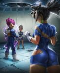  1girl 2boys absurdres armor ass black_hair blue_bodysuit bodysuit boots cabba clenched_hands closed_mouth crossed_arms dragon_ball dragon_ball_super earrings electricity elite_nappa from_behind gloves grin highres jewelry kefla_(dragon_ball) multiple_boys muscular muscular_male no_eyebrows ponytail potara_earrings purple_hair serious skin_tight smile smirk spiked_hair standing super_saiyan torn_bodysuit torn_clothes training ultra_ego_(dragon_ball) vegeta white_footwear white_gloves 