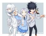  2boys 2girls accelerator_(toaru_majutsu_no_index) albino aleister_crowley_(toaru_majutsu_no_index) ambiguous_gender androgynous annoyed arrow_print belt black_choker black_hair black_necktie black_pants blue_jacket blue_skirt boots border brown_footwear cane choker diagonal_stripes electrodes full_body fur-trimmed_jacket fur_trim genderswap genderswap_(mtf) grey_background grin hand_up highres holding holding_another&#039;s_arm holding_cane holding_crutch hood hood_down hoodie hopetrash555 jacket kamijou_touma knee_boots knee_up long_hair long_sleeves looking_at_viewer looking_to_the_side miniskirt multiple_boys multiple_girls necktie open_mouth othinus pants pleated_skirt pointing pov red_eyes sanpaku short_hair signature skirt smile spiked_hair standing standing_on_one_leg striped surprised toaru_majutsu_no_index white_border white_footwear white_hair white_jacket white_pants 