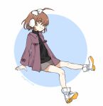  1girl ahoge arms_at_sides bangs bare_legs black_shirt bow brown_eyes brown_hair coat earmuffs female_child from_side full_body grey_skirt hair_between_eyes hair_bow hair_over_one_eye hairband hopetrash555 knee_up long_sleeves looking_at_viewer miniskirt official_alternate_costume purple_coat ribbon_trim shirt shoes short_hair signature sitting skirt smile sneakers solo white_footwear white_hairband 