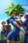  2boys 2girls armor big_hair black_hair blue_bodysuit blue_eyes blue_hair blue_sky bodysuit bulma cabba cameltoe cloud colored_skin denim dragon_ball dragon_ball_super earrings elite_nappa gloves grass green_hair highres hit_(dragon_ball) house jeans jewelry kefla_(dragon_ball) looking_back looking_to_the_side multiple_boys multiple_girls neckerchief open_mouth outdoors pants potara_earrings purple_skin red_eyes red_neckerchief serious shiny_clothes shiny_skin shirt short_hair short_sleeves skin_tight sky smile smirk smug spiked_hair standing super_saiyan white_gloves white_shirt 