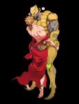  1boy ? ass_grab birthmark black_background blonde_hair commentary_request dio_brando full_body heart height_difference highres joestar_birthmark jojo_no_kimyou_na_bouken long_hair looking_at_another male_focus muscular muscular_male nail_polish pectorals scar scar_on_neck shenshan_laolin spoken_heart spoken_question_mark stand_(jojo) standing stardust_crusaders the_world topless_male yaoi 