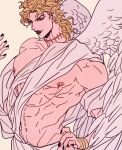  1boy abs angel_wings black_lips black_nails blonde_hair bracelet dio_brando evil_smile fangs feathered_wings hand_on_hip highres jewelry jojo_no_kimyou_na_bouken linked_piercing long_hair male_focus mole mole_on_ear muscular muscular_male navel nipple_chain nipple_piercing nipples pectorals piercing scar scar_on_neck shawl shenshan_laolin simple_background smile solo stardust_crusaders wings yellow_eyes 