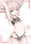  1girl absurdres ahoge animal_ears arknights arm_up armpits bangs bare_arms bare_shoulders bikini black_bikini blue_eyes brown_hair collarbone commentary_request flat_chest fox_ears fox_girl fox_tail groin hair_ornament hairclip highres leaning_back long_hair looking_at_viewer low_twintails navel parted_lips rano_u_rabe see-through short_twintails signature simple_background solo sussurro_(arknights) sussurro_(summer_flowers)_(arknights) swimsuit tail translation_request twintails viewfinder white_background x_hair_ornament 