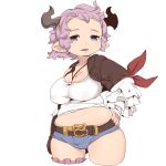  1girl bangs blue_eyes breasts cleavage commentary_request covered_nipples cowboy_shot cropped_legs granblue_fantasy hand_on_hip horns jaggy_lines karva_(granblue_fantasy) large_breasts long_sleeves looking_at_viewer medium_hair midriff muffin_top navel omiya_(louise-louis-lucille) parted_lips pink_hair plump pointy_ears puffy_nipples simple_background single_bare_shoulder solo tareme thick_thighs thighs white_background 